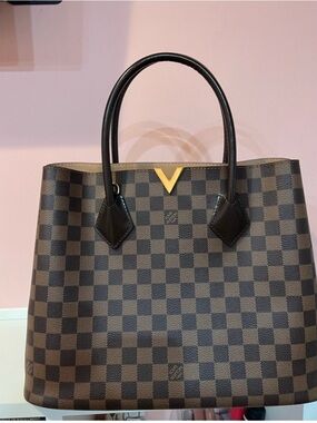 Louis Vuitton Dark Brown Checkered Tote with Gold V Accent